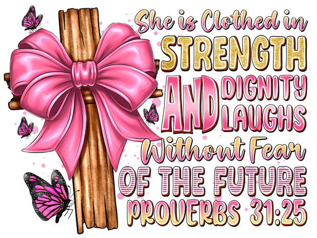 Clothed in Strength Butterflies & Cross DTF (direct-to-film) Transfer