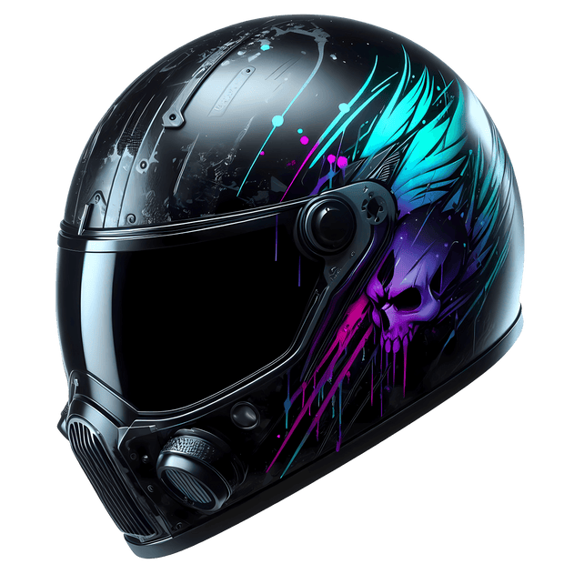 Color Drip Black Biker Helmet With Purple And Teal Swish DTF (direct-to-film) Transfer