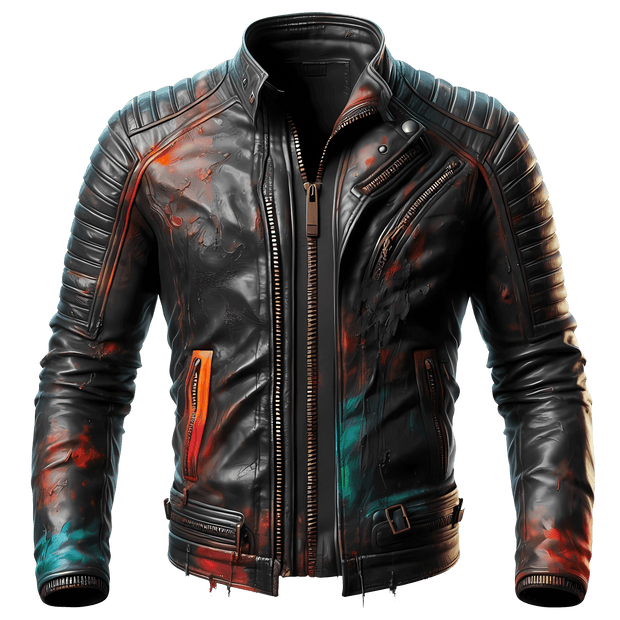 Color Drip Black Leather Jacket With Red Accents DTF (direct-to-film) Transfer