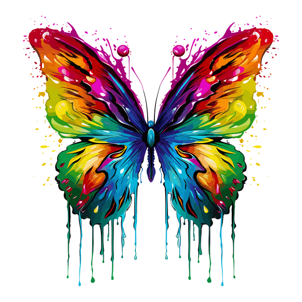 Color Drip Butterfly With Green DTF (direct-to-film) Transfer