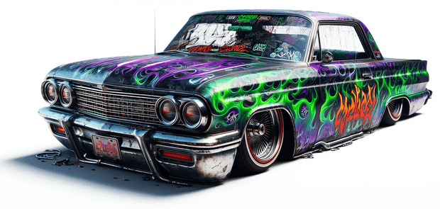 Color Drip Low Rider Car With Flaming Street Art DTF (direct-to-film) Transfer