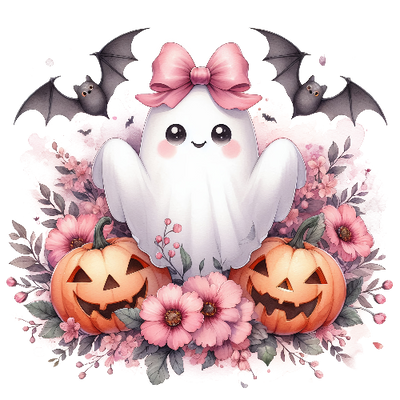 Cute Ghost With Pumpkin And Flower Halloween DTF (direct-to-film) Transfer