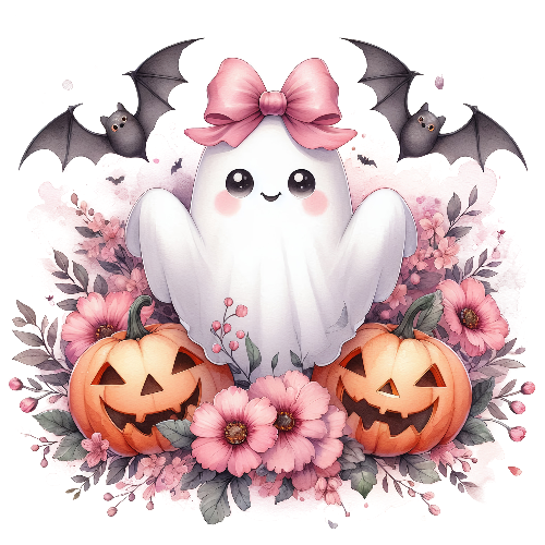 Cute Ghost With Pumpkin And Flower Halloween DTF (direct-to-film) Transfer