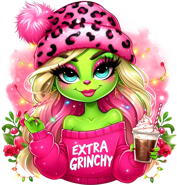 Extra Grinchy Girl With Coffee DTF (direct-to-film) Transfer