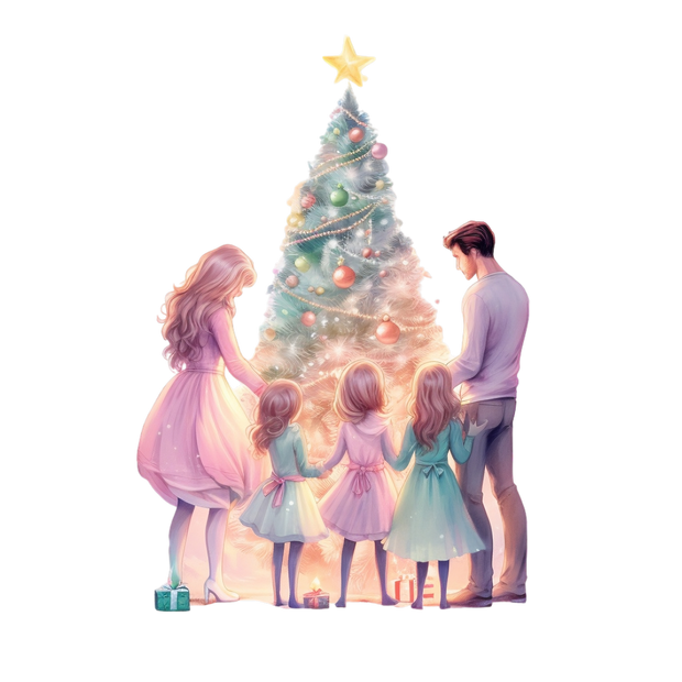 Family Glowing by Christmas Tree DTF (direct-to-film) Transfer