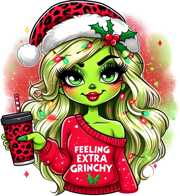 Feeling Extra Grinchy Girl With Coffee and Mistletoe DTF (direct-to-film) Transfer