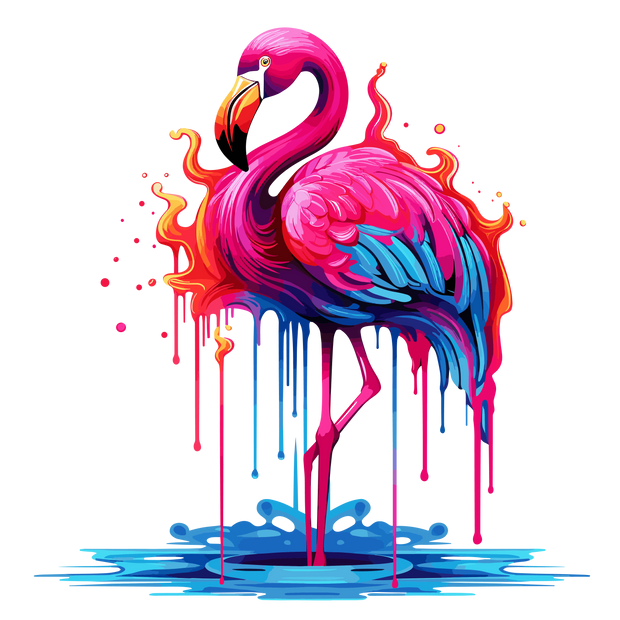 Flamingo in Blue Water Color Drip DTF (direct-to-film) Transfer