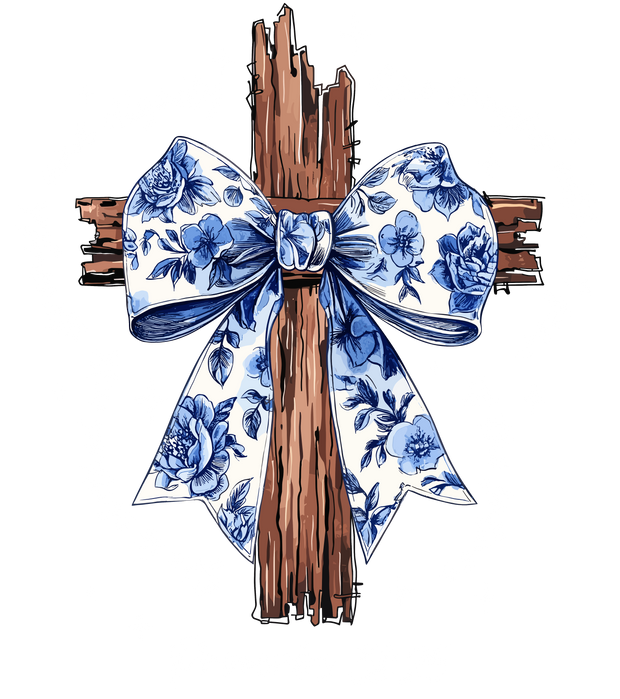 Floral Bow on a Wooden Cross DTF (direct-to-film) Transfer