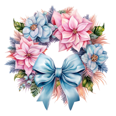 Floral Pastel Wreath With Blue Bow DTF (direct-to-film) Transfer