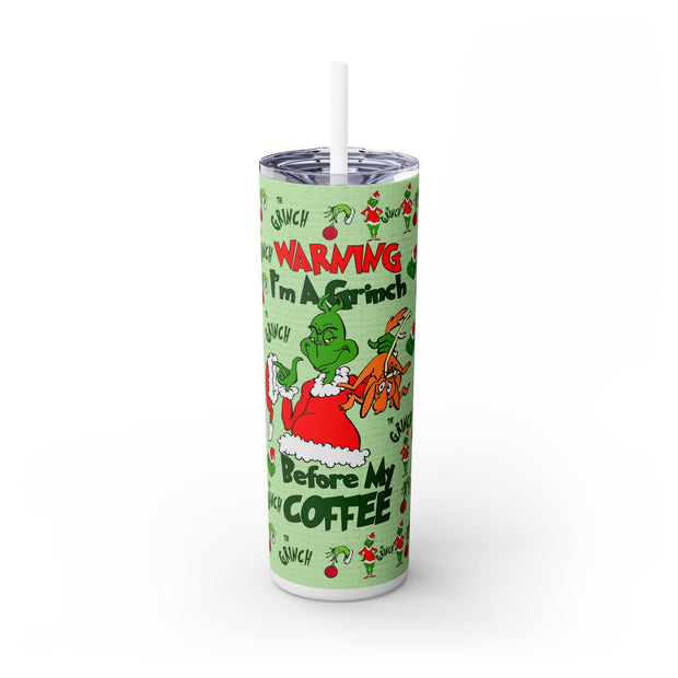 Warning m A Grinch Before My Coffee With Red And Black Font And Max UV-DTF 20 oz Skinny Tumbler Wrap