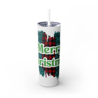 Merry Christmas in Green Holly Leaves 20 oz Skinny Tumbler Wrap