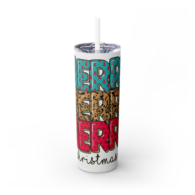 Stacked Merry Christmas in Blue Brown & Pink 20 oz Skinny Tumbler Wrap