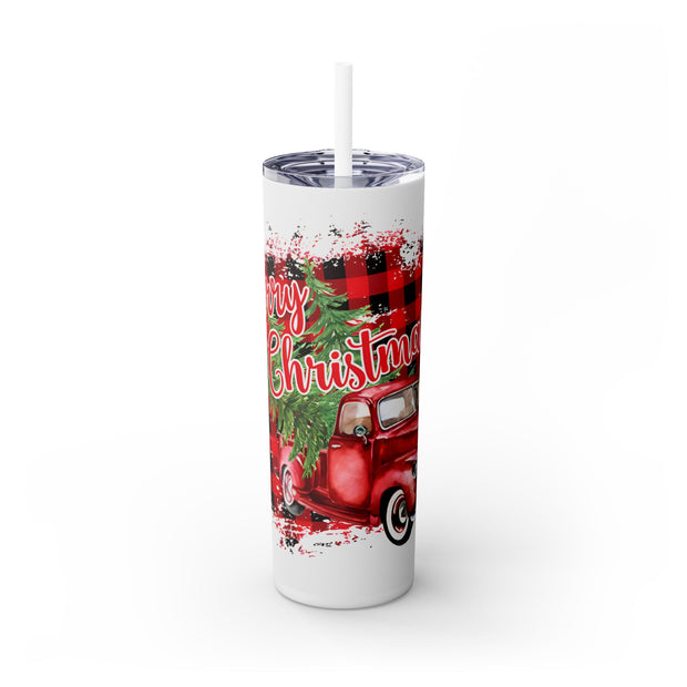 Plaid Christmas Farm Truck & Two Trees 20 oz Skinny Tumbler Wrap