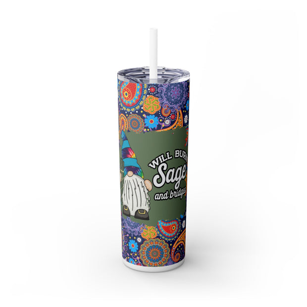 Will Burn Sage And Bridges Gnome With Blue And Floral Backdrop UV-DTF 20 oz Skinny Tumbler Wrap