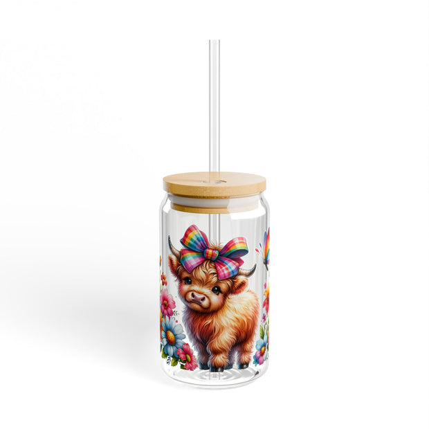 Highland Cow with Flowers UV DTF Cup Wrap for 16 oz. Libby Cups