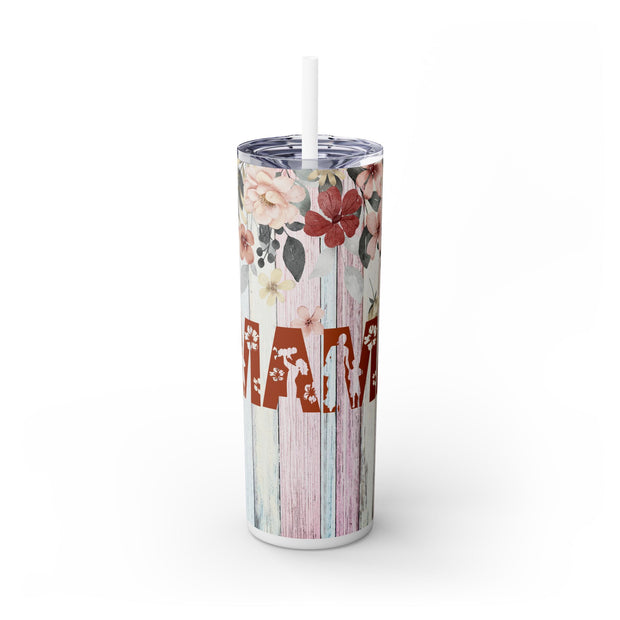 Mama In Red Font With Wooden Fence Back Drop  UV-DTF 20 oz Skinny Tumbler Wrap