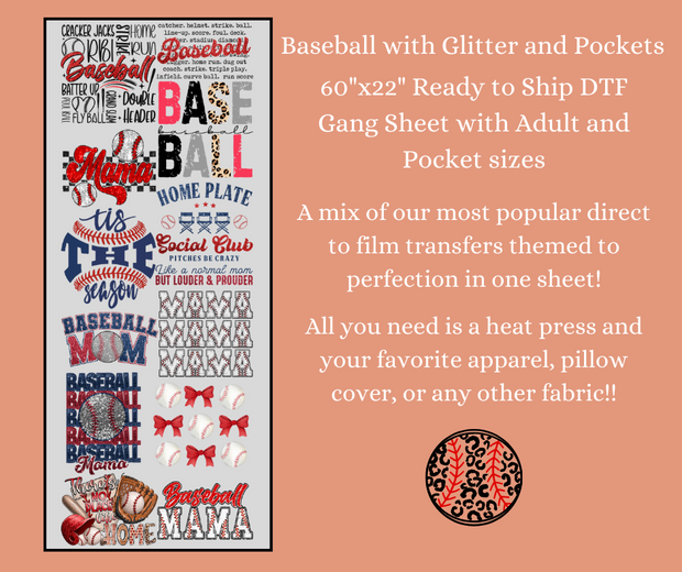 Baseball with Faux Glitter and Pocket Sizes 1 60x22" DTF Ready to Ship Gang Sheet