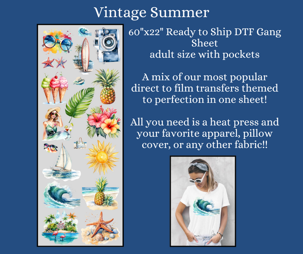 Vintage Summer Adult and Pocket Sizes 60" DTF Ready to Ship Gang Sheet