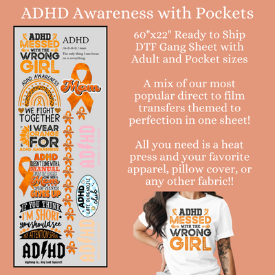 ADHD Awareness with Pocket Sizes 1 60x22" DTF Ready to Ship Gang Sheet