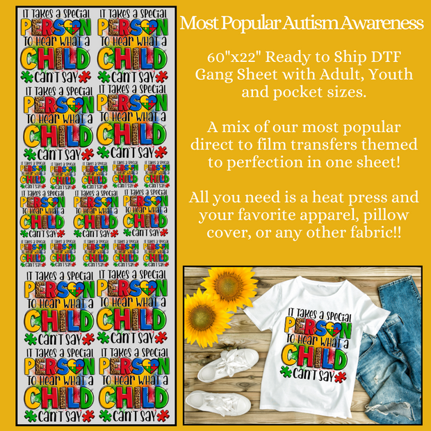 Most Popular Autism Awareness with Adult, Youth and Pocket Sizes 60" DTF Ready to Ship Gang Sheet