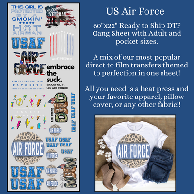 US Air Force with Adult and Pocket Sizes 60" DTF Ready to Ship Gang Sheet