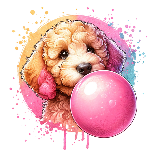 GOLDEN DOODLE BLOWING BUBBLE DTF (direct-to-film) Transfer