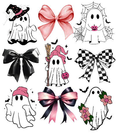 Ghost With Bow Coquette Black White Pink Halloween DTF (direct-to-film) Transfer