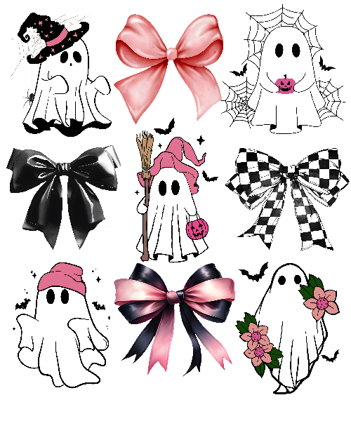 Ghost With Bow Coquette Black White Pink Halloween DTF (direct-to-film) Transfer