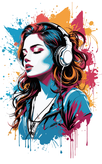 Girl Listening to Music Color Drip DTF (direct-to-film) Transfer