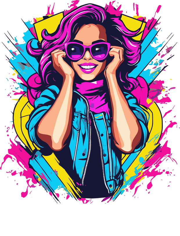 Girl in Blue Jacket & Pink Glasses Color Drip DTF (direct-to-film) Transfer