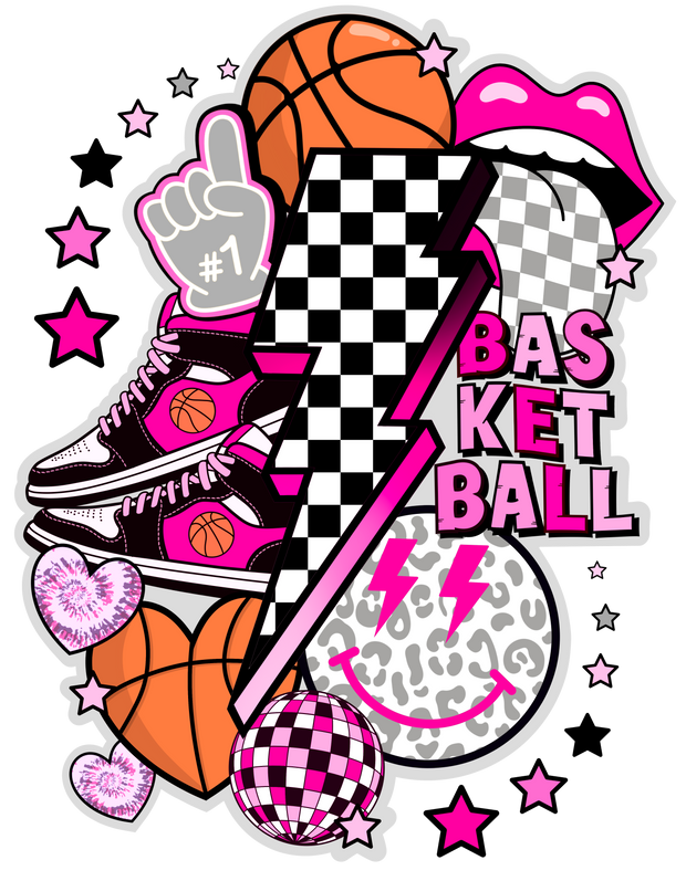 Girls Black and Pink Retro Basketball DTF (direct-to-film) Transfer