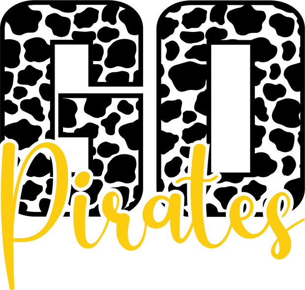 Go Pirates Yellow and Cow Print Font Sports DTF (direct-to-film) Transfer