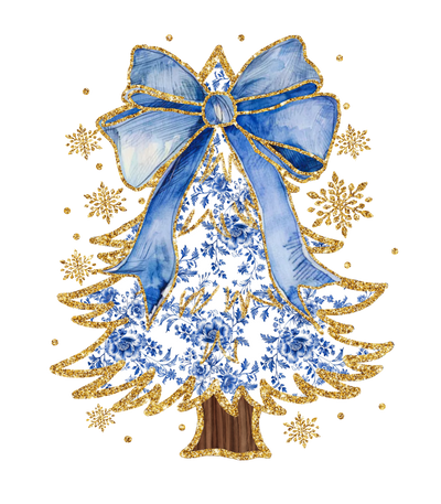 Golden Christmas Tree With Blue Bow DTF (direct-to-film) Transfer