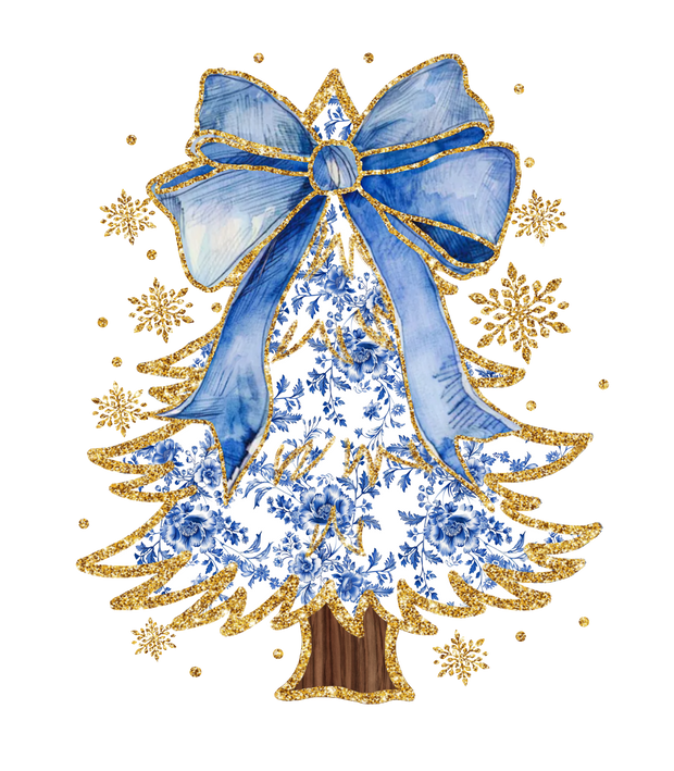 Golden Christmas Tree With Blue Bow DTF (direct-to-film) Transfer