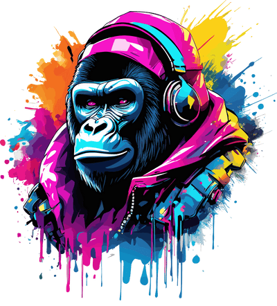 Gorilla in Headphones Color Drip DTF (direct-to-film) Transfer