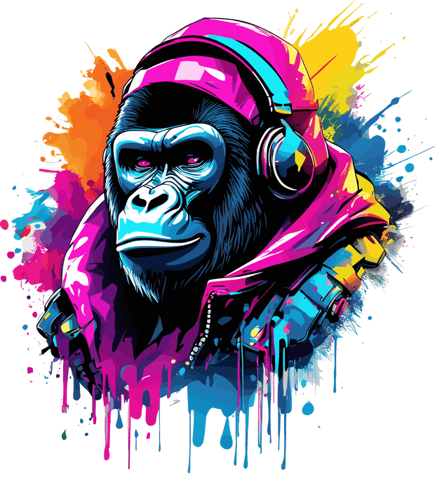 Gorilla in Headphones Color Drip DTF (direct-to-film) Transfer
