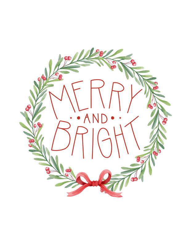 Green Wreath Merry & Bright DTF (direct-to-film) Transfer