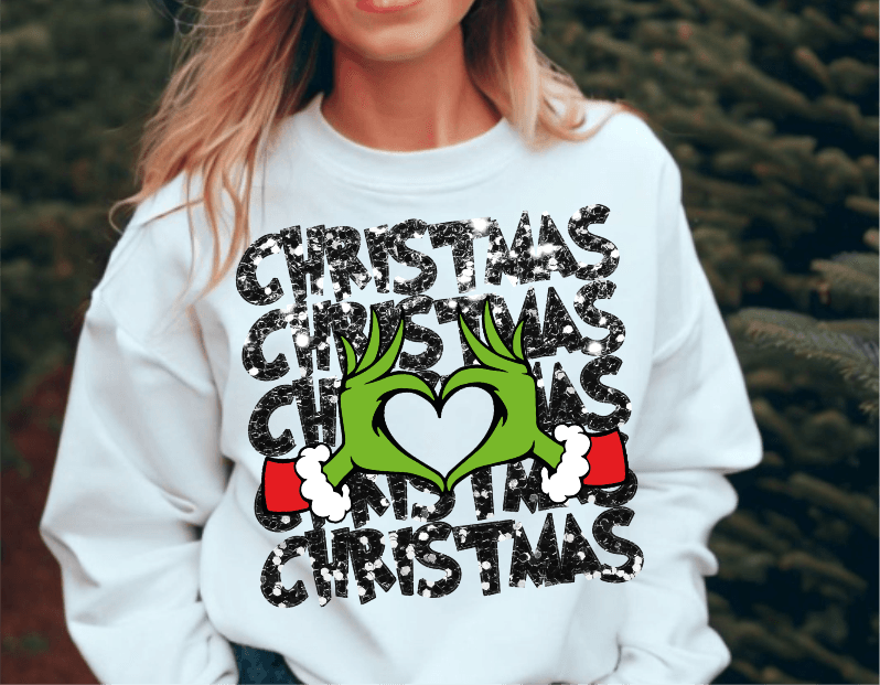 Grinch Christmas Faux Glitter Heart Fingers DTF (direct-to-film ...