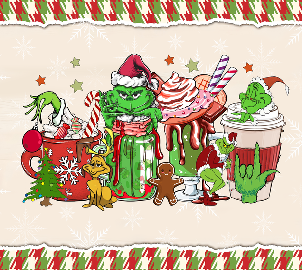 Grinchy And Max With A Quad Of Coffees And Sweets  UV-DTF 20 oz Skinny Tumbler Wrap