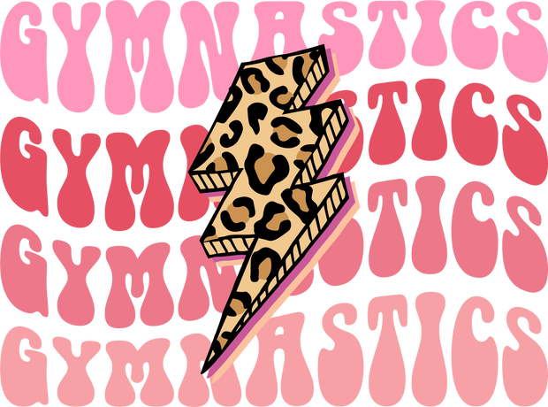 Gymnastics In Pink Font  With Leopard Skin Thunderbolt DTF (direct-to-film) Transfer