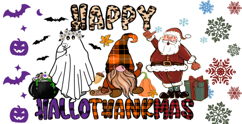 Hallothanksmas -Gnomes - Ghost -  Santa Claus Happy Hallothanksmas 16oz UV DTF Libby Cup Wrap