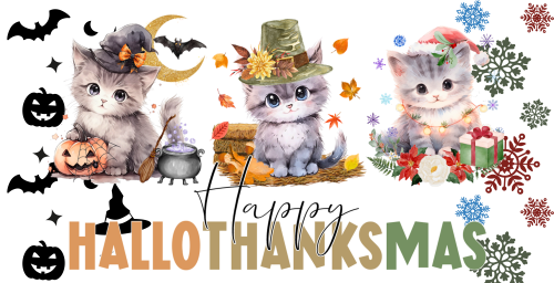 Hallothanksmas -Kittens Happy Hallothanksmas 16oz UV DTF Libby Cup Wrap