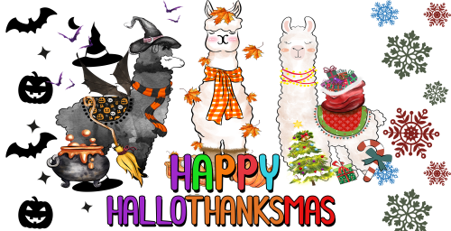 Hallothanksmas -Llama Happy Hallothanksmas 16oz UV DTF Libby Cup Wrap