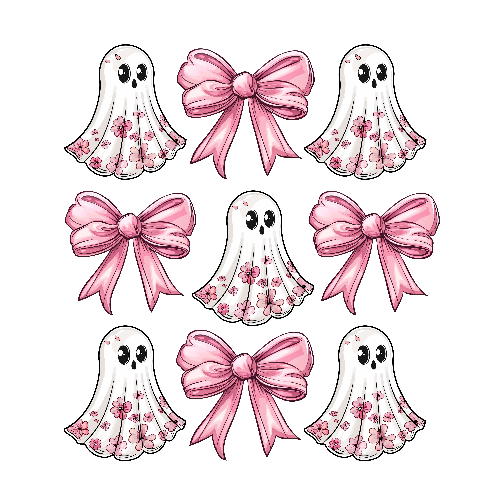 Halloween Coquette Ghost With Bow Pink And White DTF (direct-to-film} Transfer