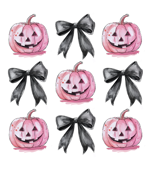 Halloween Coquette Jack O_Lantern Pumpkin With  Bow Pink And Black DTF (direct-to-film) Transfer