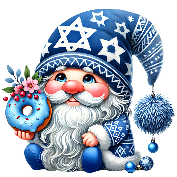 Hanukkah Blue Gnome & Doughnut With Flower DTF (direct-to-film) Transfer