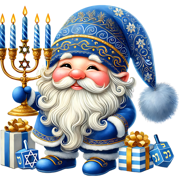 Hanukkah Candelabra & Blue Gnome DTF (direct-to-film) Transfer