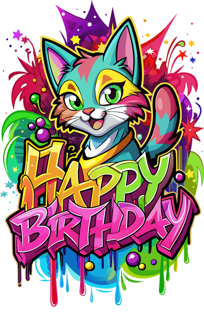 Happy Birthday Color Drip Cat DTF (direct-to-film) Transfer