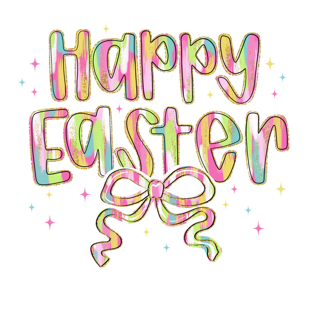 Happy Easter In Multi Color Font With Bow  DTF (direct-to-film) Transfer