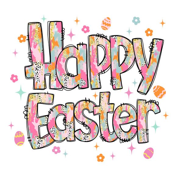 Happy Easter In Multi Color Font With Flowers And Colored Eggs DTF (direct-to-film) Transfer